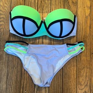 Neon Green and White Women's Swimwear Set